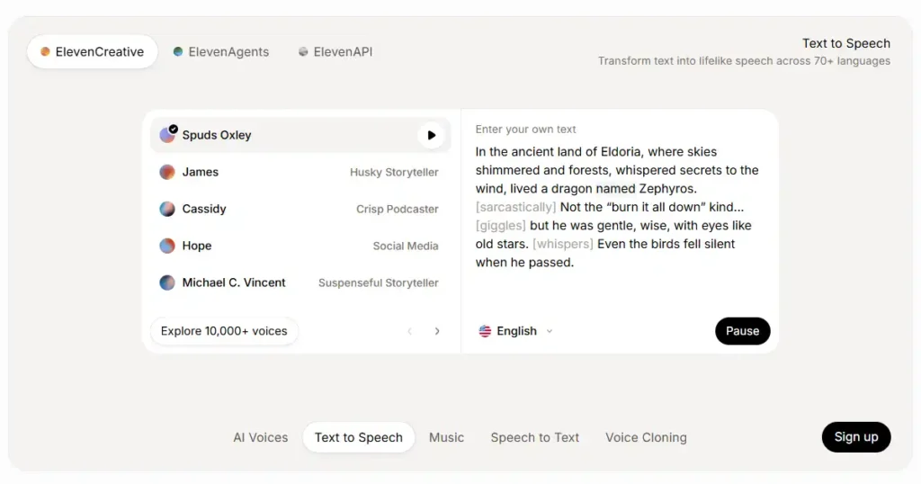 Elevenlabs dashboard for AI voiceovers