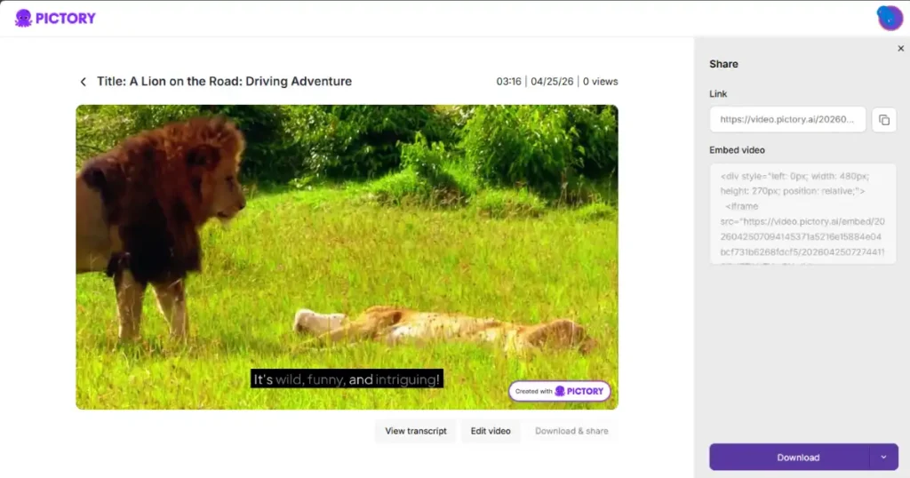 Pictory AI video creation interface
