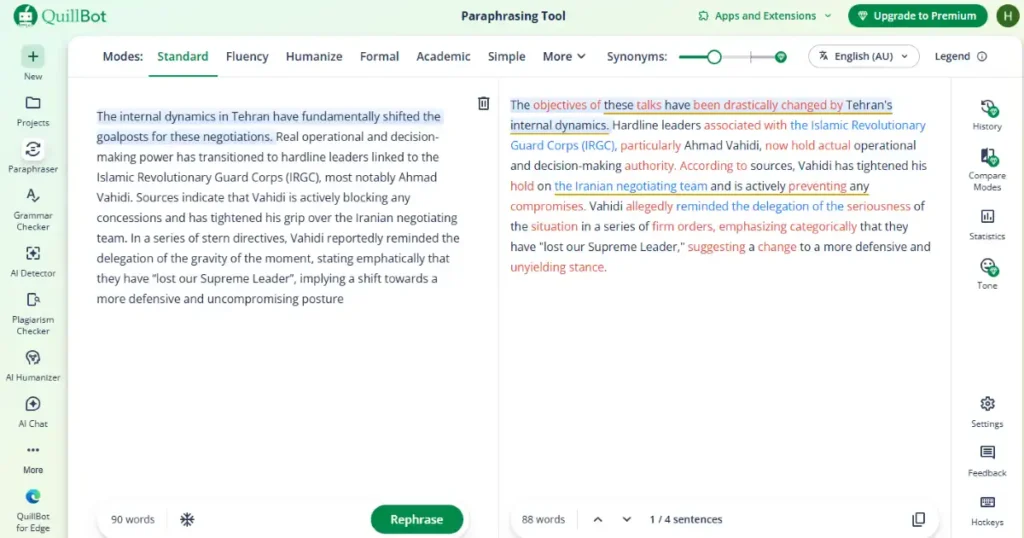 QuillBot paraphrasing tool rewriting text with AI assistance