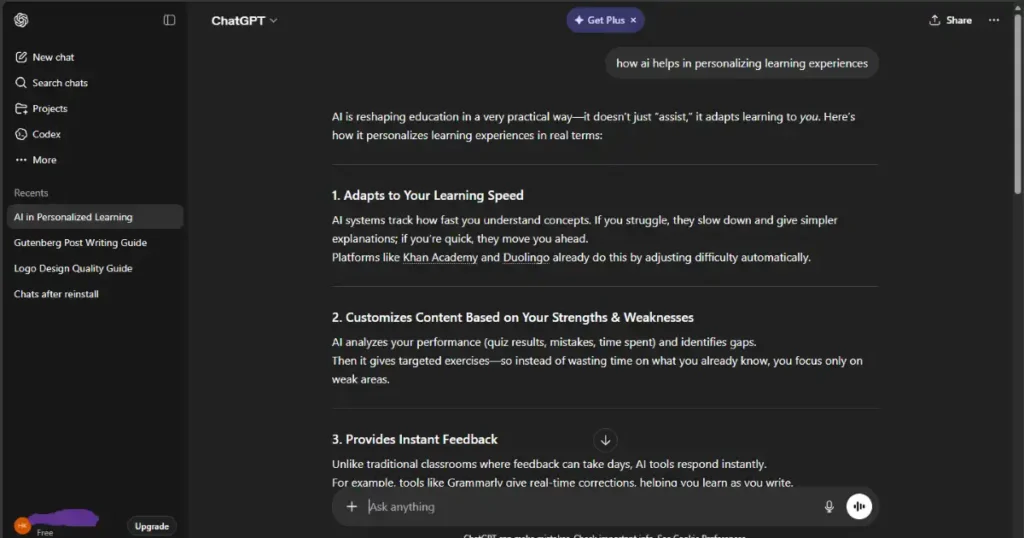 ChatGPT AI chat interface showing conversation and response is best free AI tools for beginners