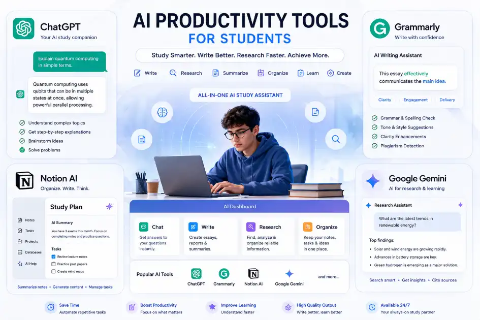 Popular AI tools for students including ChatGPT and Gemini