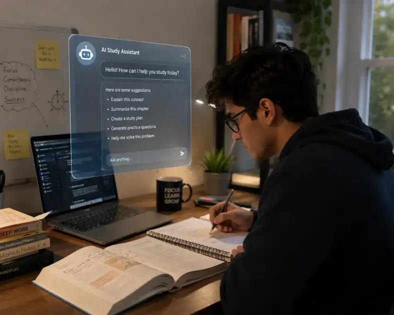 Student studying with AI assistant and laptop