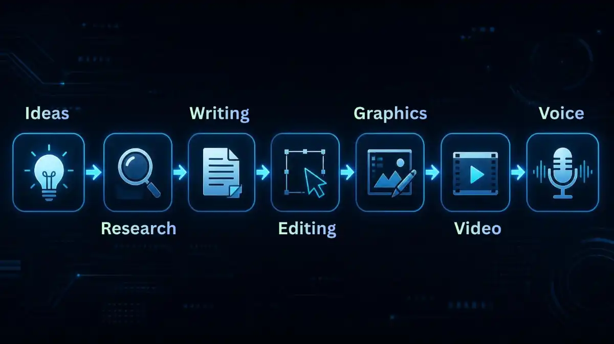Seven-step AI content creation workflow from research to video and voice