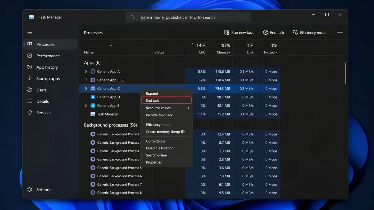 Windows 11 Task Manager showing an application process