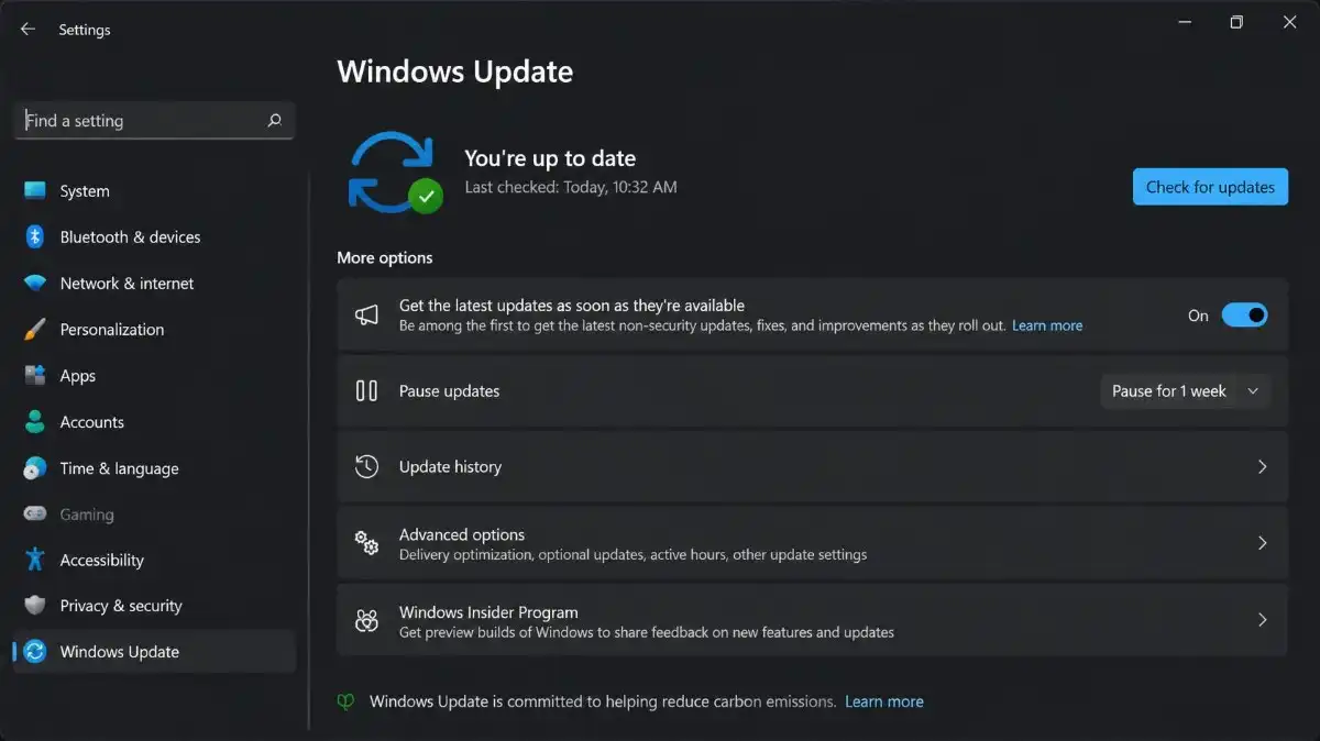 Windows 11 Settings showing Windows Update and Check for updates