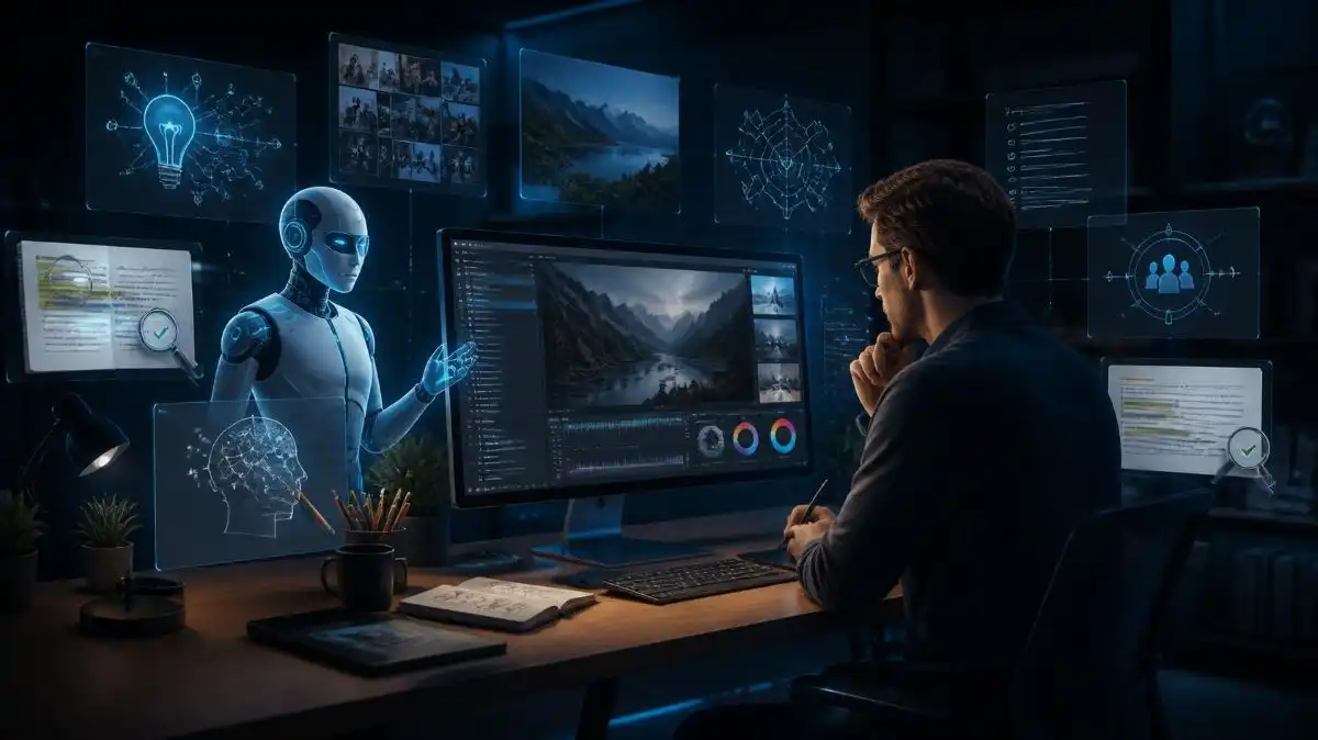 Human creator using AI to improve content creation and productivity