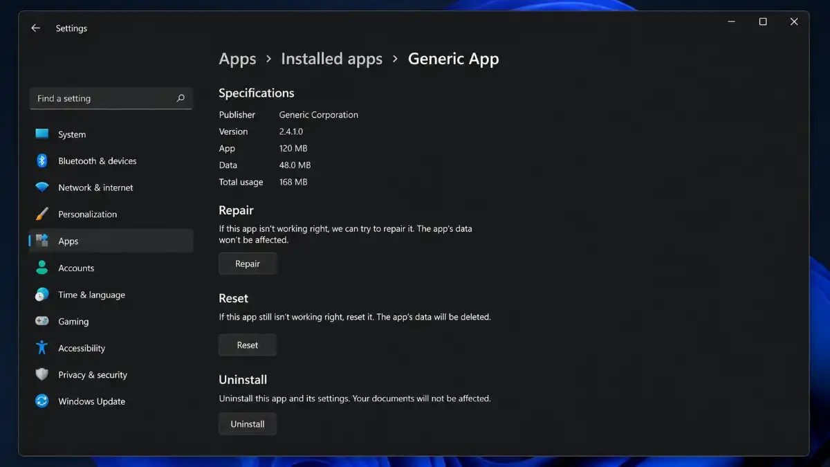 Windows 11 app advanced options showing Repair and Reset