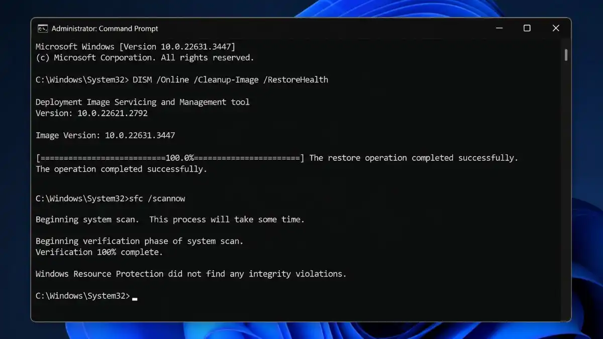Windows 11 Command Prompt running DISM and SFC system repair commands