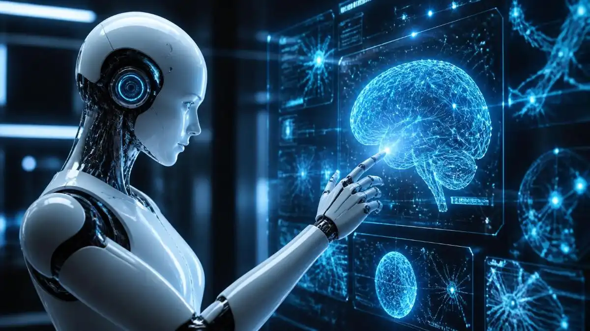What is Artificial Intelligence concept showing a futuristic AI robot with digital neural network