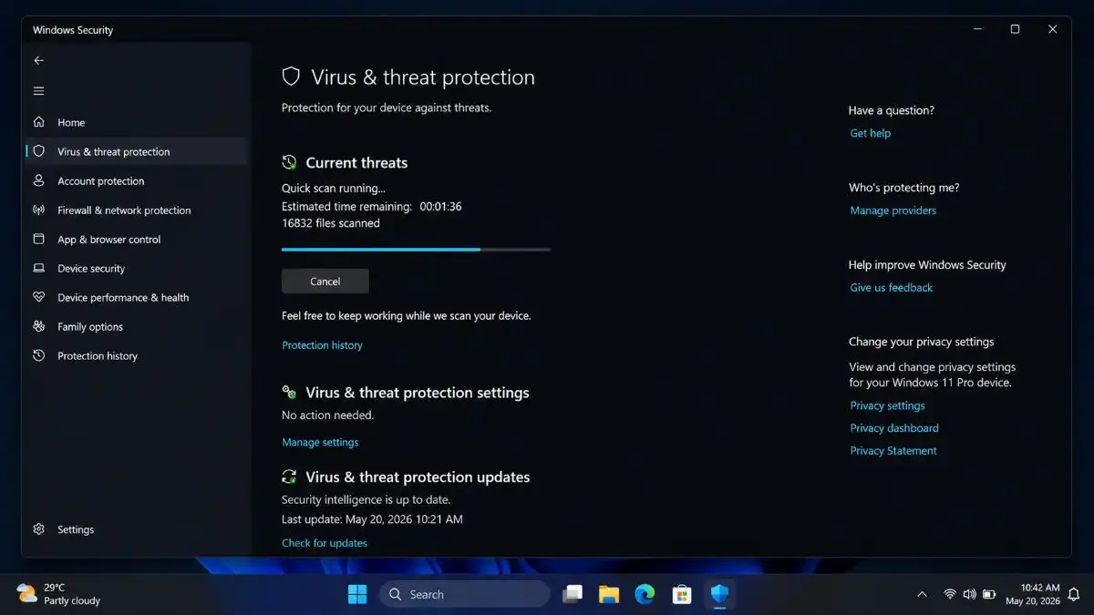 Windows Security virus and threat protection scan in Windows 11