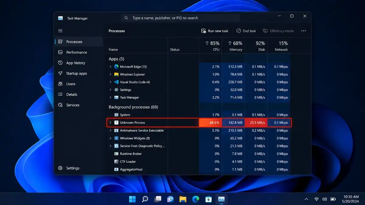 Windows 11 Task Manager showing high CPU and disk usage