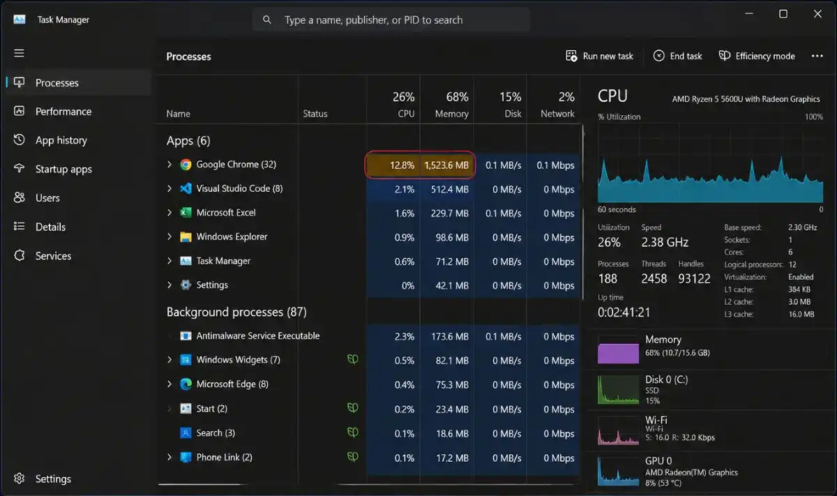 Windows 11 Task Manager showing CPU memory and disk usage