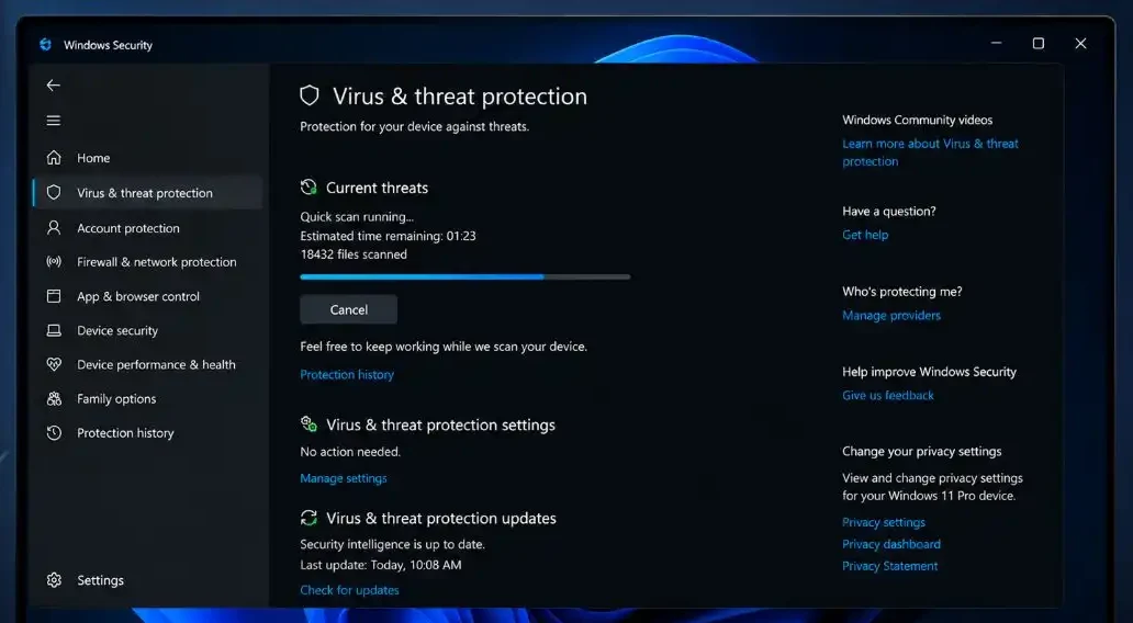 Windows Security Virus and threat protection scan in Windows 11