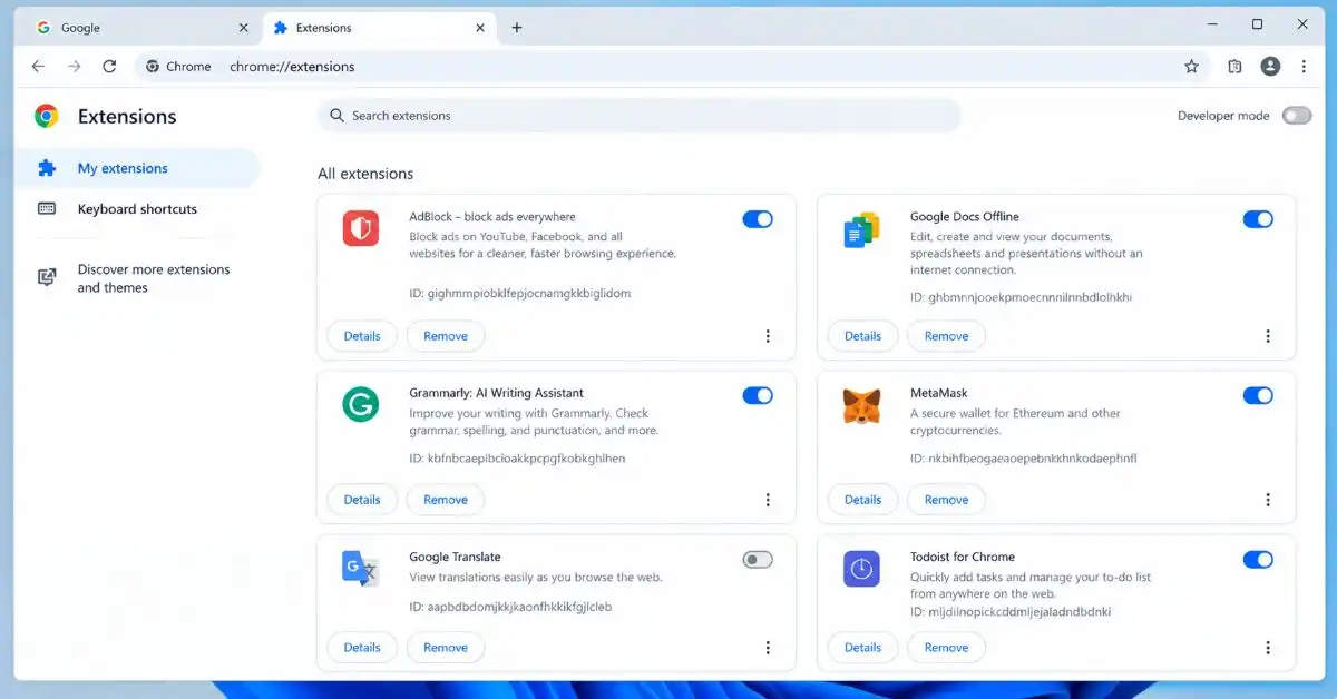 Google Chrome Extensions page showing installed extensions and toggle controls