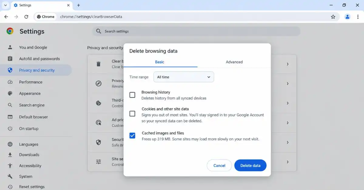Chrome Delete browsing data window with cached images and files selected