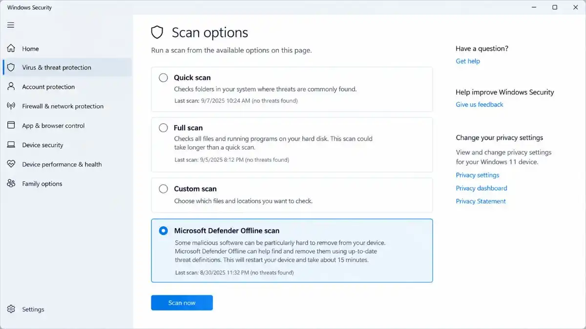 Microsoft Defender scan options in Windows 11