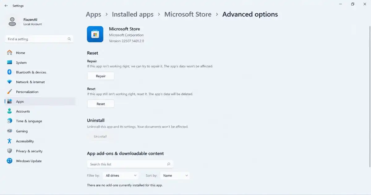 Repair and reset Microsoft Store in Windows 11
