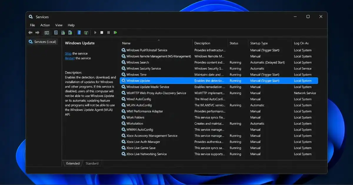 Windows Update service in the Windows 11 Services window