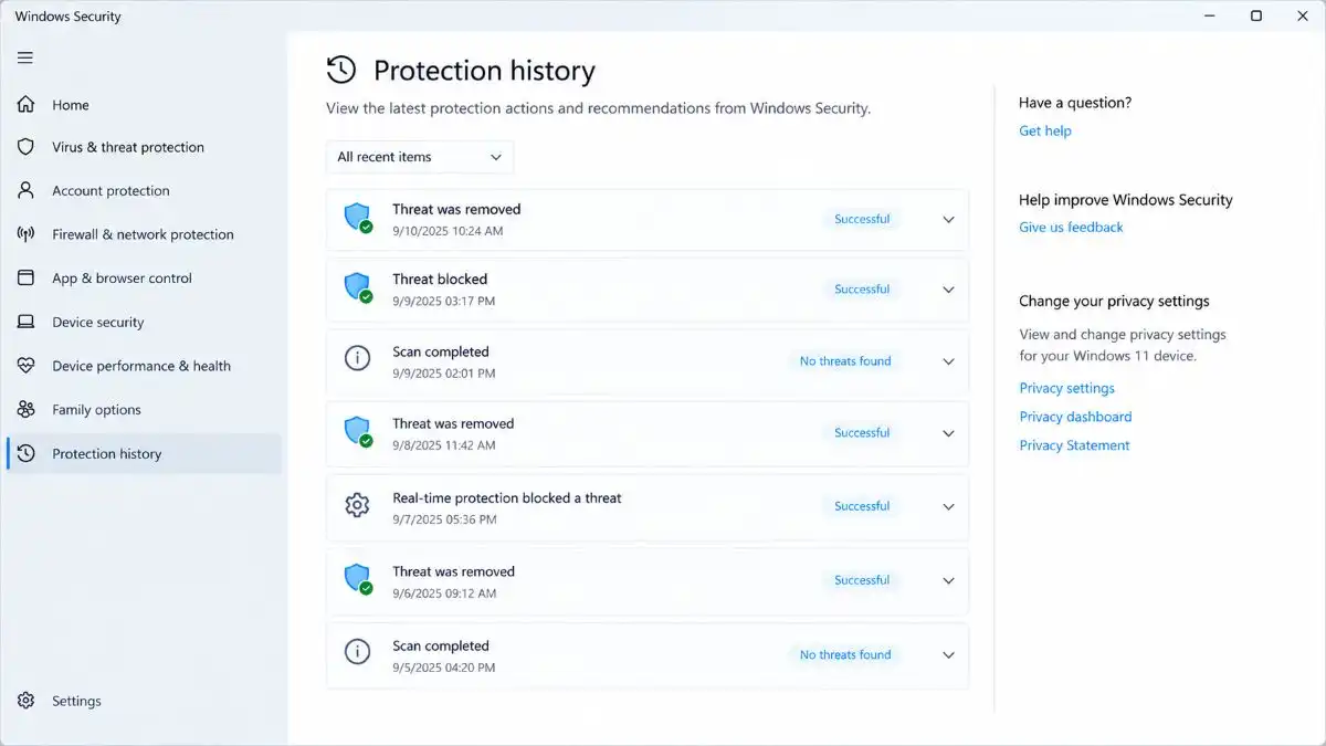 Windows 11 Microsoft Defender Protection History