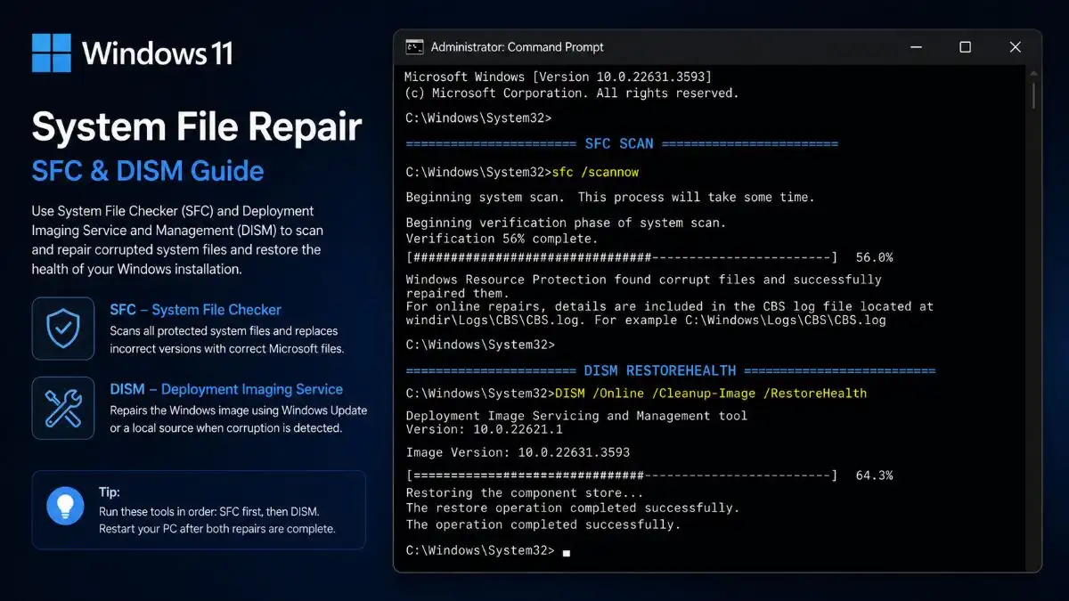SFC and DISM commands used to repair Windows 11 system files