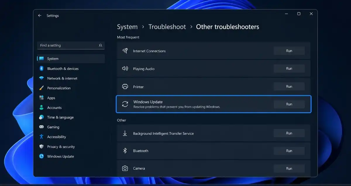 Windows 11 Update Troubleshooter in Settings