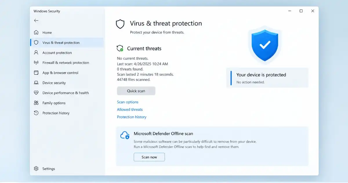 Windows 11 Virus and threat protection settings
